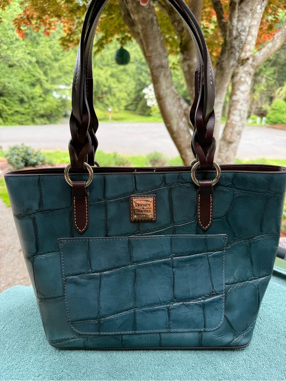 Dooney & Bourke Teal Croc-Embossed Leather Tote with Braided Chocolate Handles